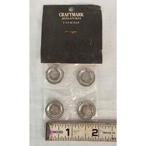 Vtg Craftmark Miniature Dollhouse Kitchen Set 4 Dinner Plates Silver Metal NOS